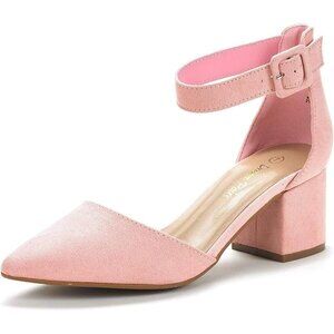 Dream Pairs Women's Pink Suede Pointed Closed Toe Low Block Ankle Strap Heels